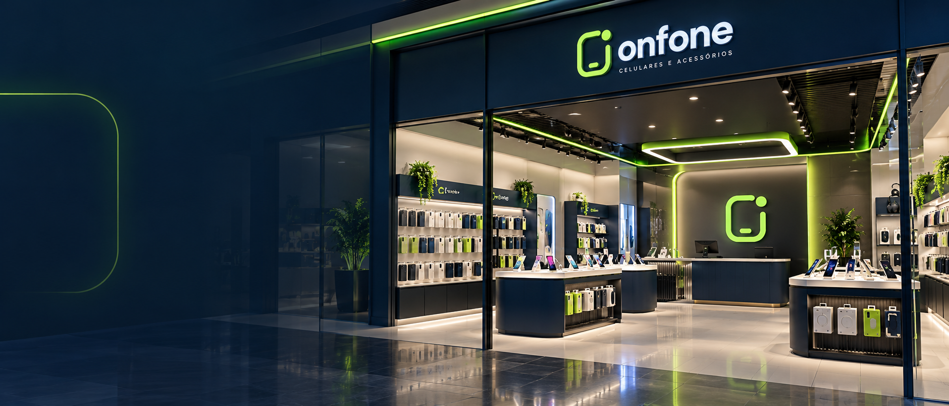 Loja Onfone com iluminação verde-lima